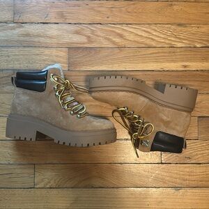 Marc Fisher Women’s 5.5 Platform Tan Suede Boots Leather Faux Fur/ Sherpa lined